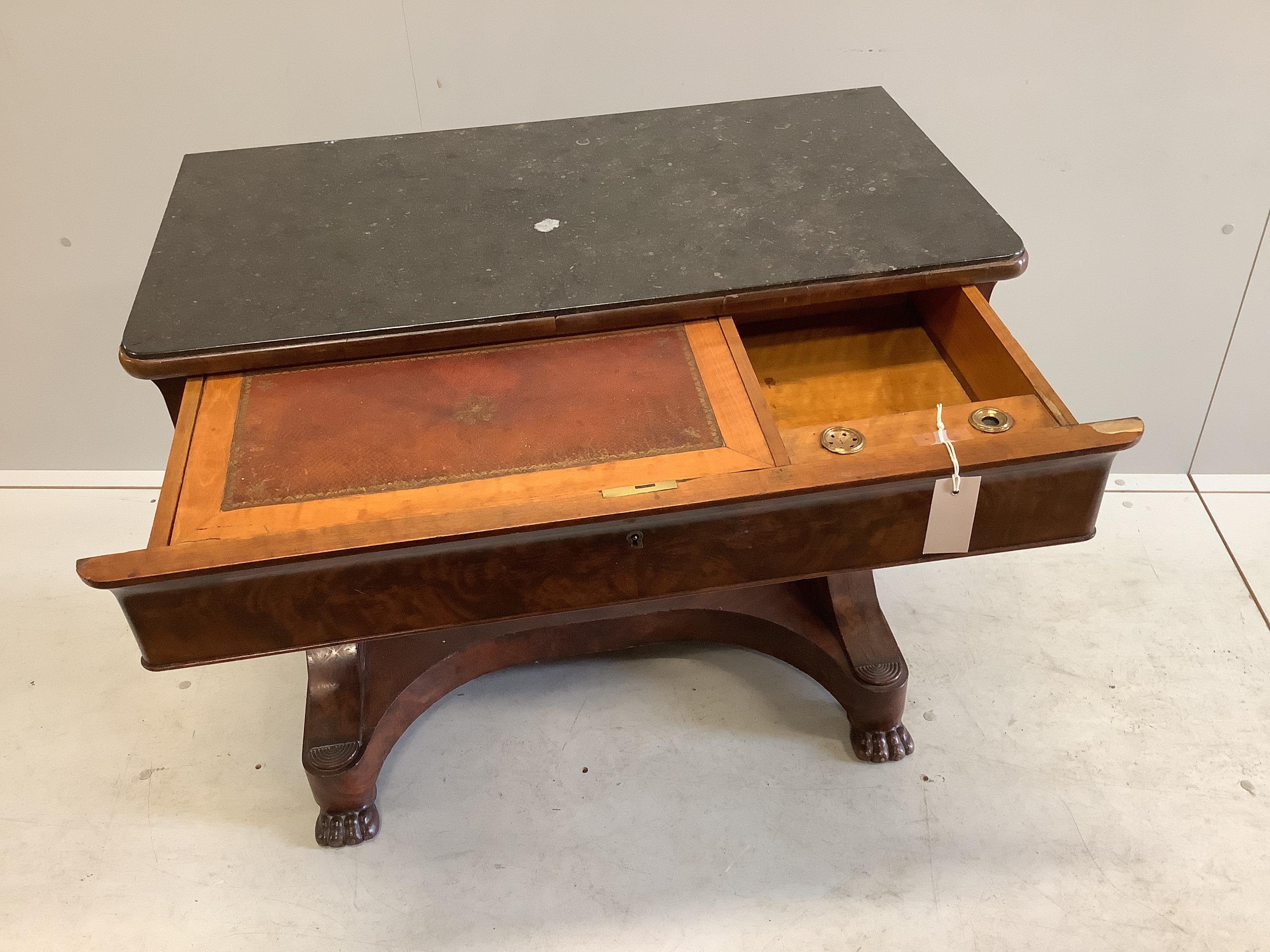 A 19th century French mahogany marble top console table with fitted writing drawer, width 81cm, depth 42cm, height 74cm